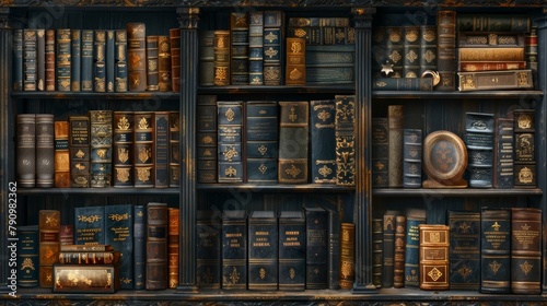 Elegant antique library shelf with ornate golden and bronze book spines in an classical setting