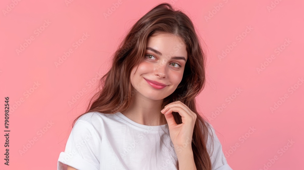 Portrait of young nice girlfriend wearing white t shirt smiling cheerful looking novelty deep thinking isolated on pink color background Portrait of young nice girlfriend wearing white t shirt smiling cheerful looking novelty deep thinking isolated on pink color background