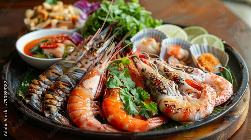 A vibrant Thai seafood platter featuring grilled prawns, steamed fish with lime and chili, and spicy seafood salad, a coastal delicacy. A vibrant Thai seafood platter featuring grilled prawns, steamed fish with lime and chili, and spicy seafood salad, a coastal delicacy.