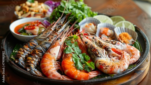 A vibrant Thai seafood platter featuring grilled prawns, steamed fish with lime and chili, and spicy seafood salad, a coastal delicacy.