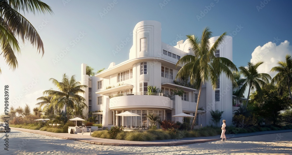 Art Deco beachfront resort with white stucco facade and nautical motifs
