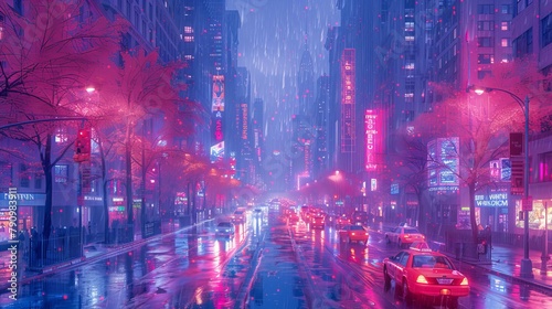 Vibrant neon colors illuminate a futuristic city skyline in abstract art style