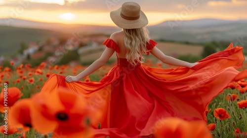 Woman poppy field red dress hat. Happy woman in a long red dress in a beautiful large poppy field. Blond stands with her back posing on a large field of red poppies.