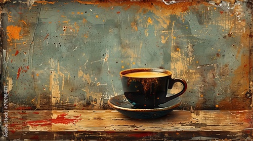 Aromatic coffee in a stylish black cup with bronze rim on distressed surface