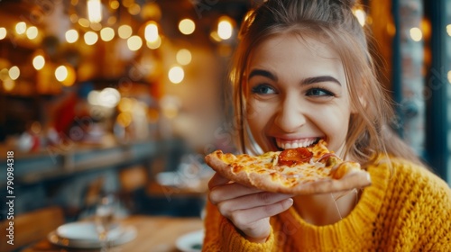 Woman Enjoying a Pizza Slice