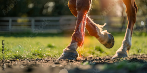 Equine Tendonitis: The Leg Swelling and Lameness - Picture a horse with highlighted leg showing tendon inflammation, experiencing leg swelling and lameness photo