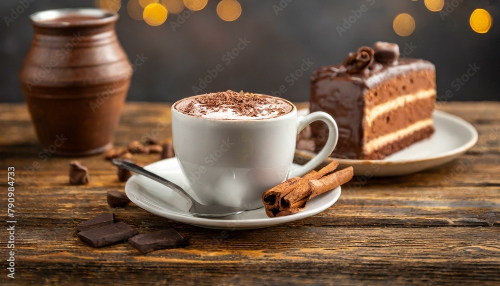a cup of cappuccino with chocolate cake on a brown wooden table a cup of cappuccino with chocolate cake on a brown wooden table