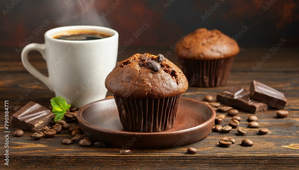 breakfast with muffins and coffee on a brown wooden table breakfast with muffins and coffee on a brown wooden table