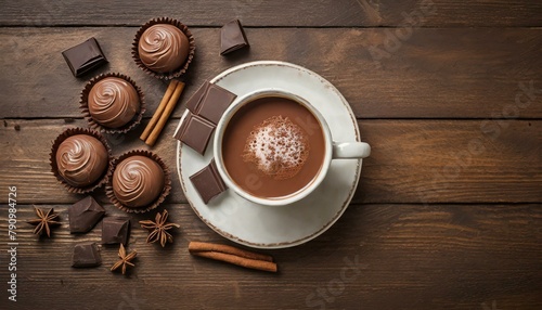 a cup of hot chocolate with chocolates on a brown wooden table