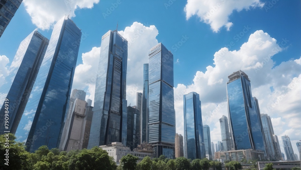 Skyward cityscape, gaze past tall buildings to the blue sky and clouds.