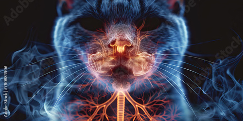 Feline Asthma: The Coughing and Labored Breathing - Imagine a cat with highlighted lungs showing inflammation, experiencing coughing and labored breathing photo