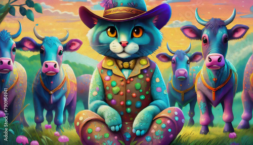 oil painting style cartoon character multicolored cat in a cowboy suit sits among the cows in a pasture at sun