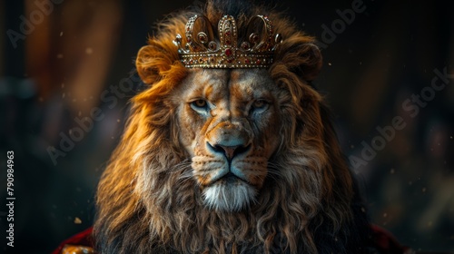 Portrait of a lion with a crown on a light wildlife background