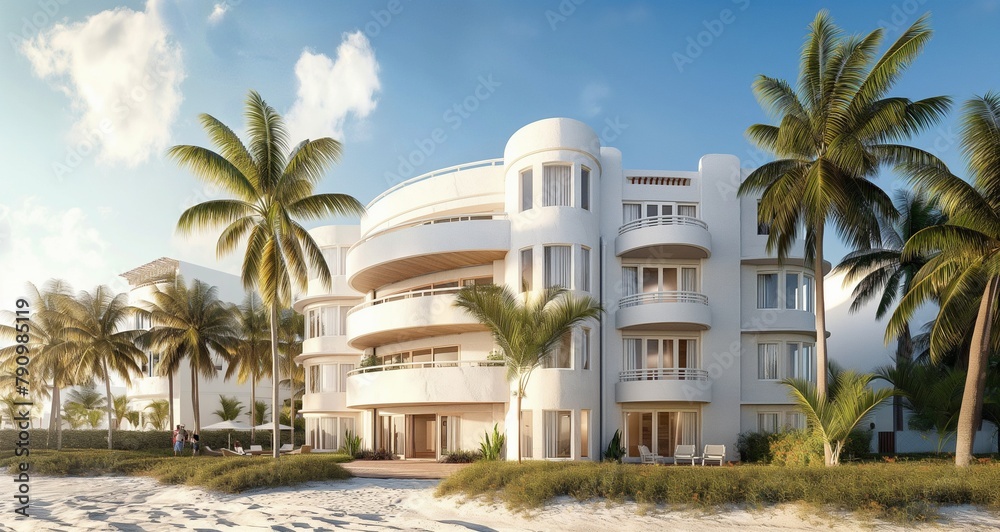 Art Deco beachfront resort with white stucco facade and nautical motifs