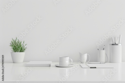 Minimalistic white desk with potted plant  coffee cup  and neatly arranged office supplies