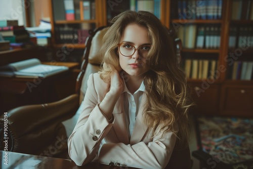 Portrait of blonde woman at her office with libraries