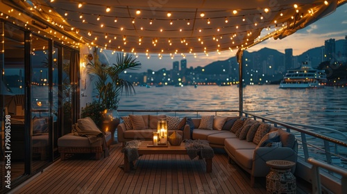 Glow of string lights overhead on the teak deck of a cruise ship in the outdoor lounge