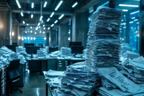 Piles of paper office filled with paperwork full archive file documents stack of folders information outdated old technology digitalization reports unorganized history messy research collection