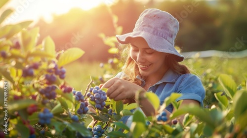 A woman joyfully picking plump blueberries from bushes in a sun-kissed field, epitomizing the pleasures of berry picking. photo