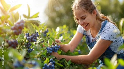 A woman joyfully picking plump blueberries from bushes in a sun-kissed field, epitomizing the pleasures of berry picking.