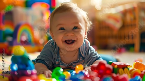 Adorable baby giggling while playing with colorful toys, their innocent joy captured in a heartwarming moment.