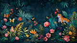 Giungla , illustrazione tropicale. Sfondo floreale tropicale con palme, piante, animali selvatici tigre, uccelli. Carta da parati della giungla esotica per stanza  bambini, sfondo verde