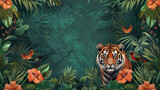 Giungla , illustrazione tropicale. Sfondo floreale tropicale con palme, piante, animali selvatici tigre, uccelli. Carta da parati della giungla esotica per stanza  bambini, sfondo verde