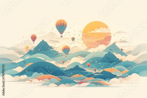 illustration of hot air balloons floating above green mountains photo
