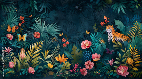 Giungla , illustrazione tropicale. Sfondo floreale tropicale con palme, piante, animali selvatici tigre, uccelli. Carta da parati della giungla esotica per stanza  bambini, sfondo verde photo