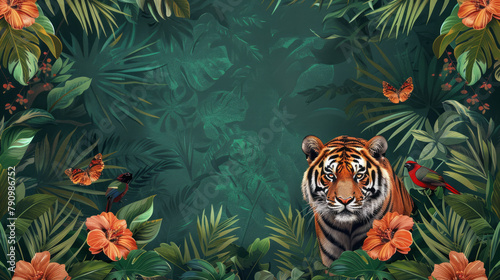Giungla , illustrazione tropicale. Sfondo floreale tropicale con palme, piante, animali selvatici tigre, uccelli. Carta da parati della giungla esotica per stanza  bambini, sfondo verde photo