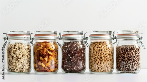 Close up photograph of glass jars containing cereals on a white background