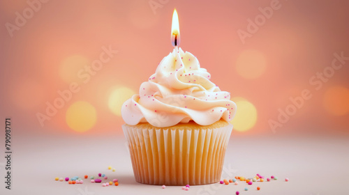a celebration birthday cupcake with a lit candle on pink background, space for text