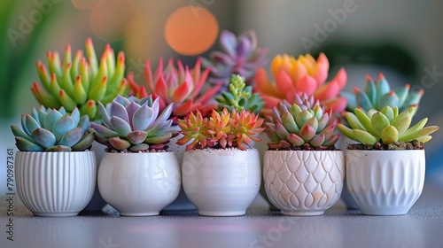 Vibrant Succulents A collection of colorful succulents, each with unique shapes and hues, arranged in a white vase on a table 8K , high-resolution, ultra HD,up32K HD photo