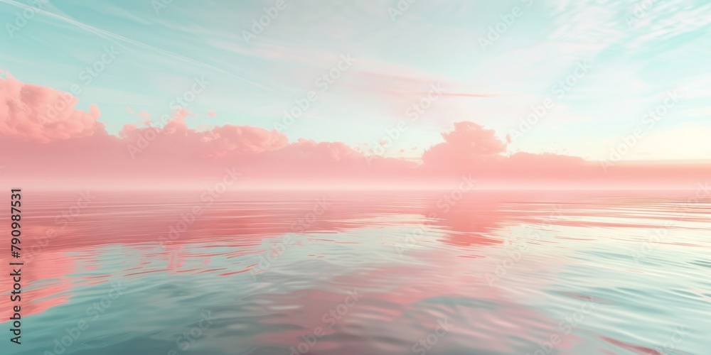 Coral Pink and Sky Blue Soft Gradient Ocean Sunset Coastal Landscape Photo.