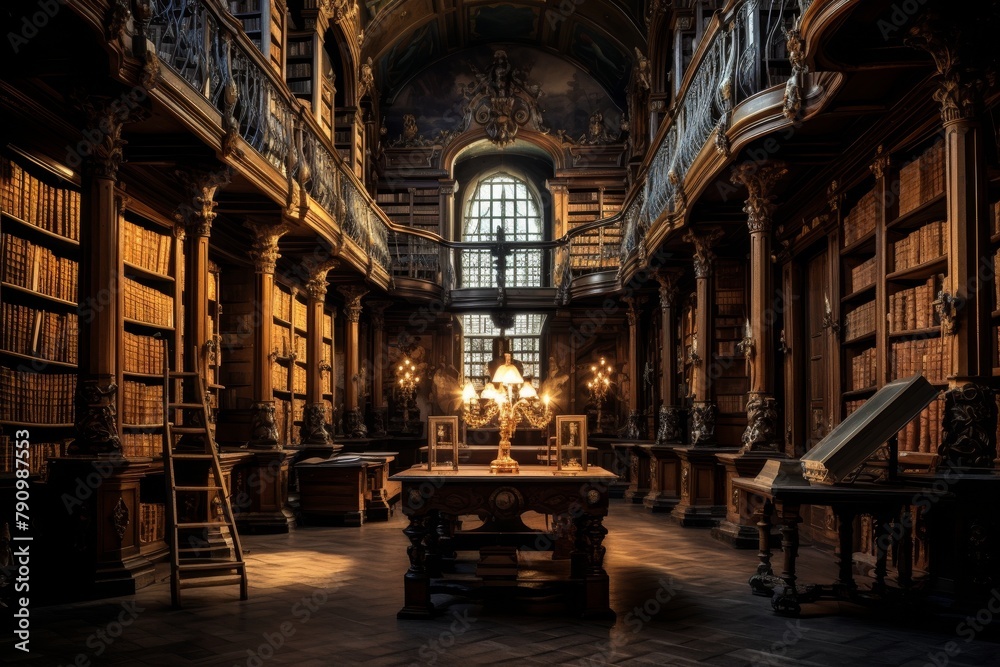 A Majestic Old World Library, Illuminated by the Warm Glow of Antique Lamps, with Dusty Books Stacked High on Ornate Wooden Shelves