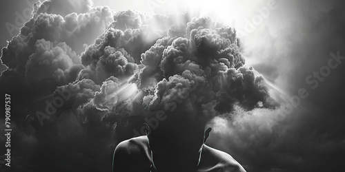Depression: The Dark Cloud and Weighted Shoulders - Visualize a person with a dark cloud over their head and shoulders slumped forward, illustrating the emotional weight of depression photo