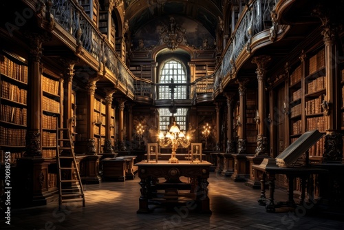 A Majestic Old World Library, Illuminated by the Warm Glow of Antique Lamps, with Dusty Books Stacked High on Ornate Wooden Shelves