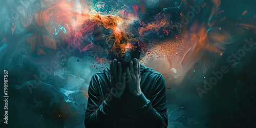 Anxiety: The Racing Thoughts and Suffocating Sensation - Picture a person with thoughts racing around them and a sensation of suffocation, illustrating the overwhelming nature of anxiety photo