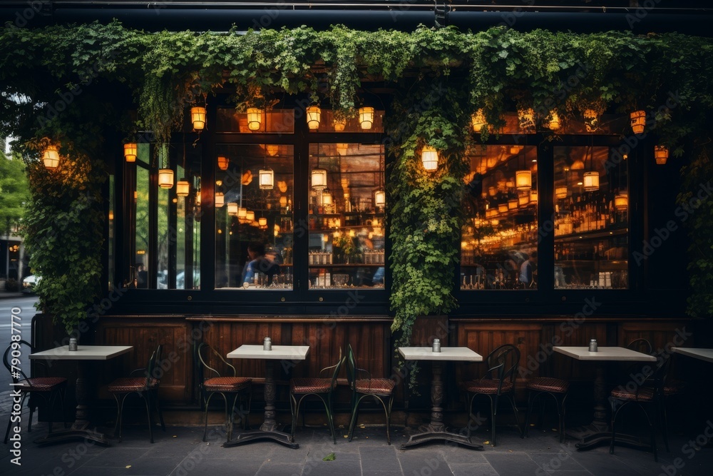 A Vibrant Contemporary Bistro on a Busy Street Corner, Illuminated by the Warm Glow of Hanging Edison Bulbs, with a Lush Green Wall and Rustic Wooden Furniture