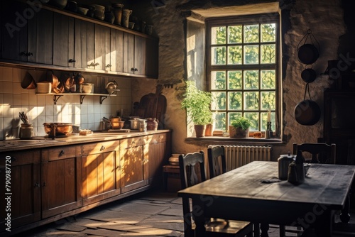 A Rustic Old Farmhouse Kitchen with Antique Wooden Furniture  Sunlight Streaming Through a Window  and Freshly Baked Bread on the Table
