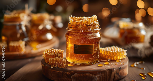 Jar of organic honey with honeycombs. Mockup. Label for text