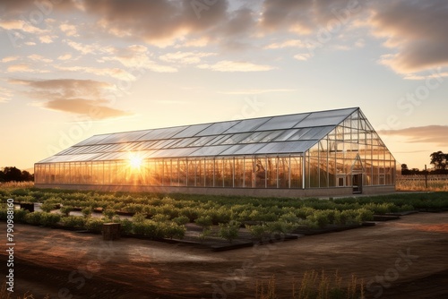 A Panoramic View of an Industrial Greenhouse at Sunset, Illuminated by the Warm Glow of the Setting Sun, Surrounded by Lush Fields