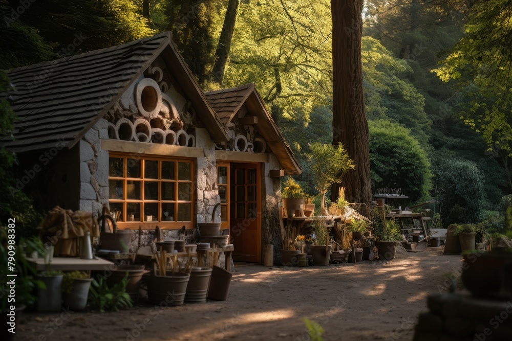 A Charming Forest Pottery Studio Nestled Amongst Lush Greenery, Illuminated by the Soft Glow of the Setting Sun