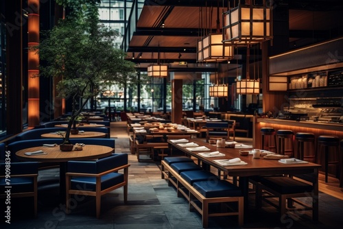 A Cozy Sushi Restaurant Nestled in a Bustling City, Bathed in Warm Natural Light and Adorned with Traditional Japanese Decor