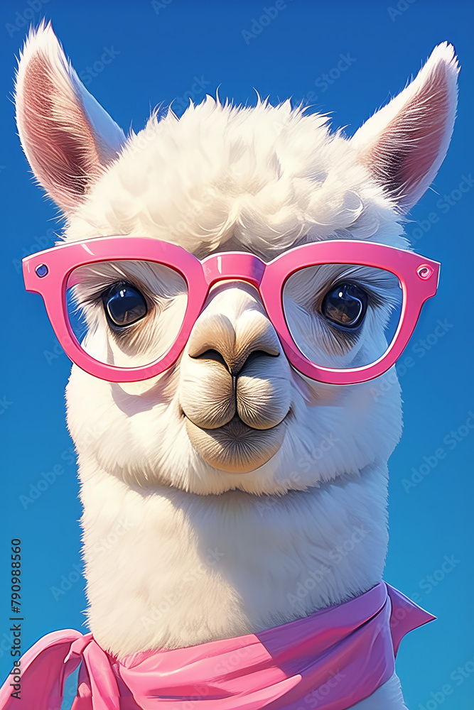 Fototapeta premium A blue alpaca with pink glasses and scarf
