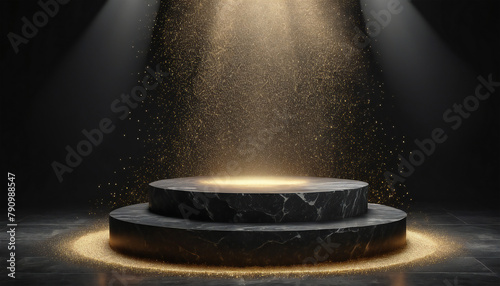 Black stone podium or pedestal with golden back frame display on dark background with round platform with golden dust and fog light . Blank product shelf standing backdrop. 3D rendering.