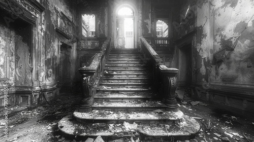 Eerie black and white photo of a derelict mansion enveloped in mist photo