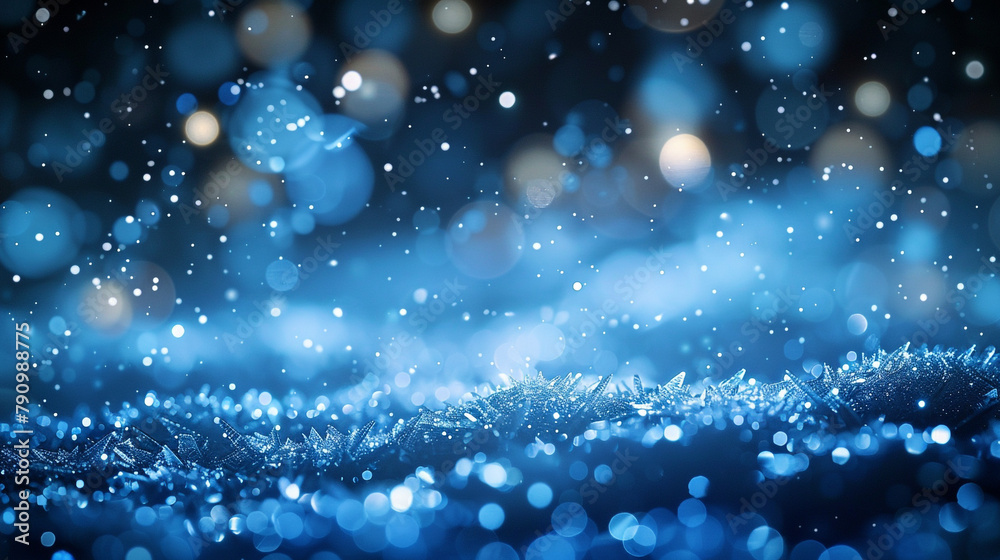 A sleek cobalt and frost abstract tableau, where bokeh lights resemble ice crystals forming on a clear winter night. The air is crisp and invigorating. - obrazy, fototapety, plakaty 