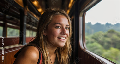Portrait of young adventurous backpacker woman looking through the window of train to the beautiful natural scenery