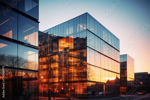 Modern Three-Tiered Office Block with Each Level Predominantly Made of Reflective Glass, Illuminated by the Setting Sun © aicandy